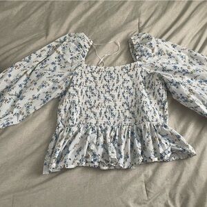 Blue and White Floral Peasant Blouse